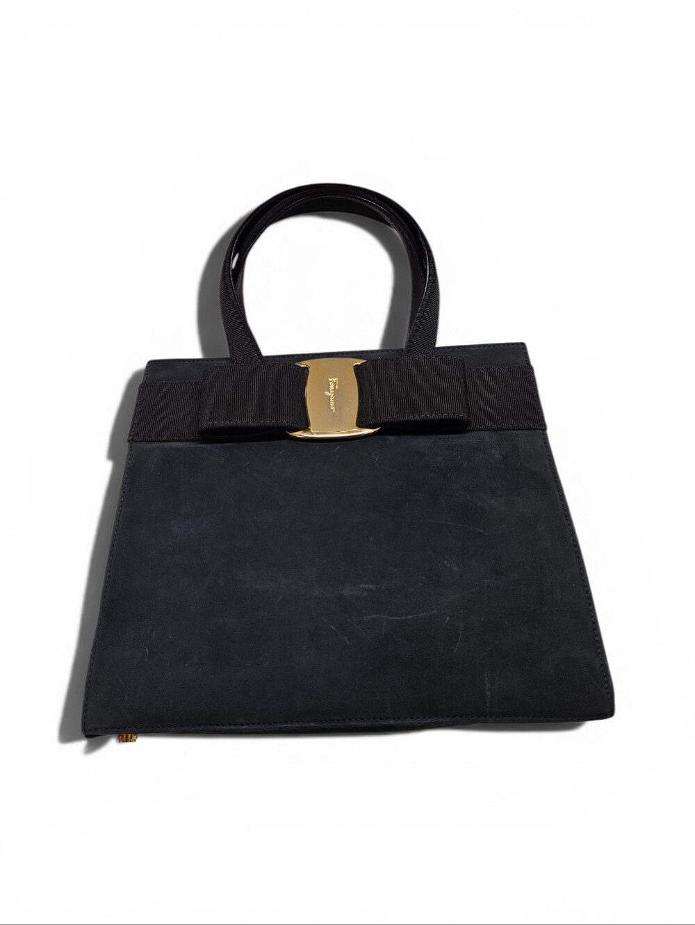 Salvatore Ferragamo Black Vara Bow Handbag In Navy Blue Suede And Gold